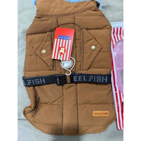 Space Lion Orange Quilted Dog Jacket M Warm Fleece Lining Adjustable Belt Button - Picture 3 of 7